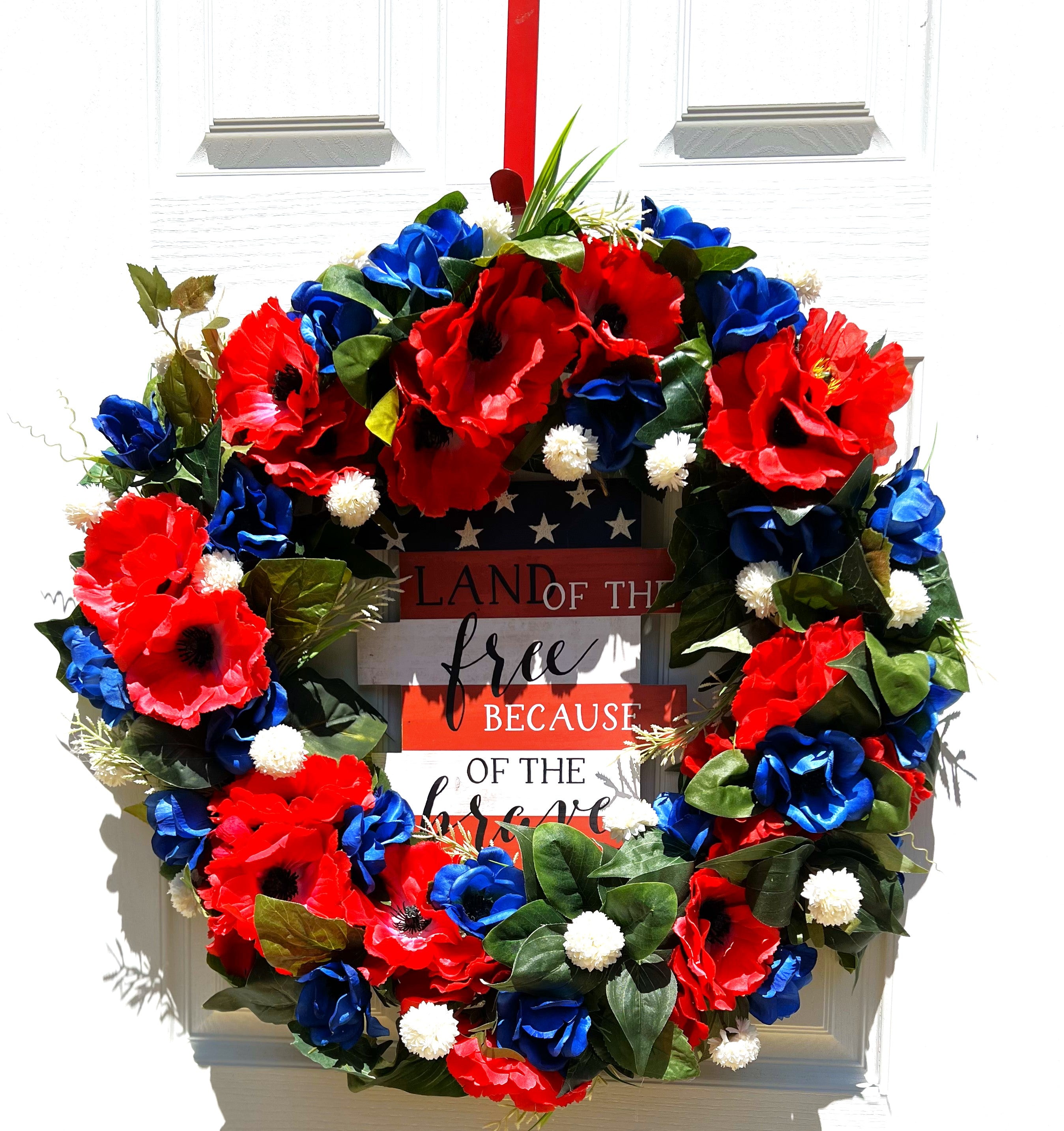 Red Poppy Anemone Wreath 28" Patriotic Wreath, "Land of the Free Because of the Brave"