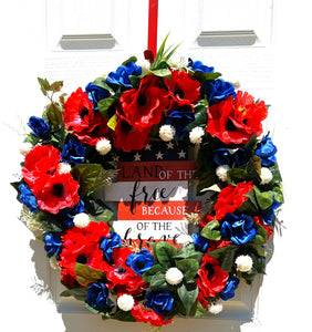 Red Poppy Anemone Wreath 28" Patriotic Wreath, "Land of the Free Because of the Brave"