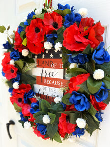 Red Poppy Anemone Wreath 28" Patriotic Wreath, "Land of the Free Because of the Brave"
