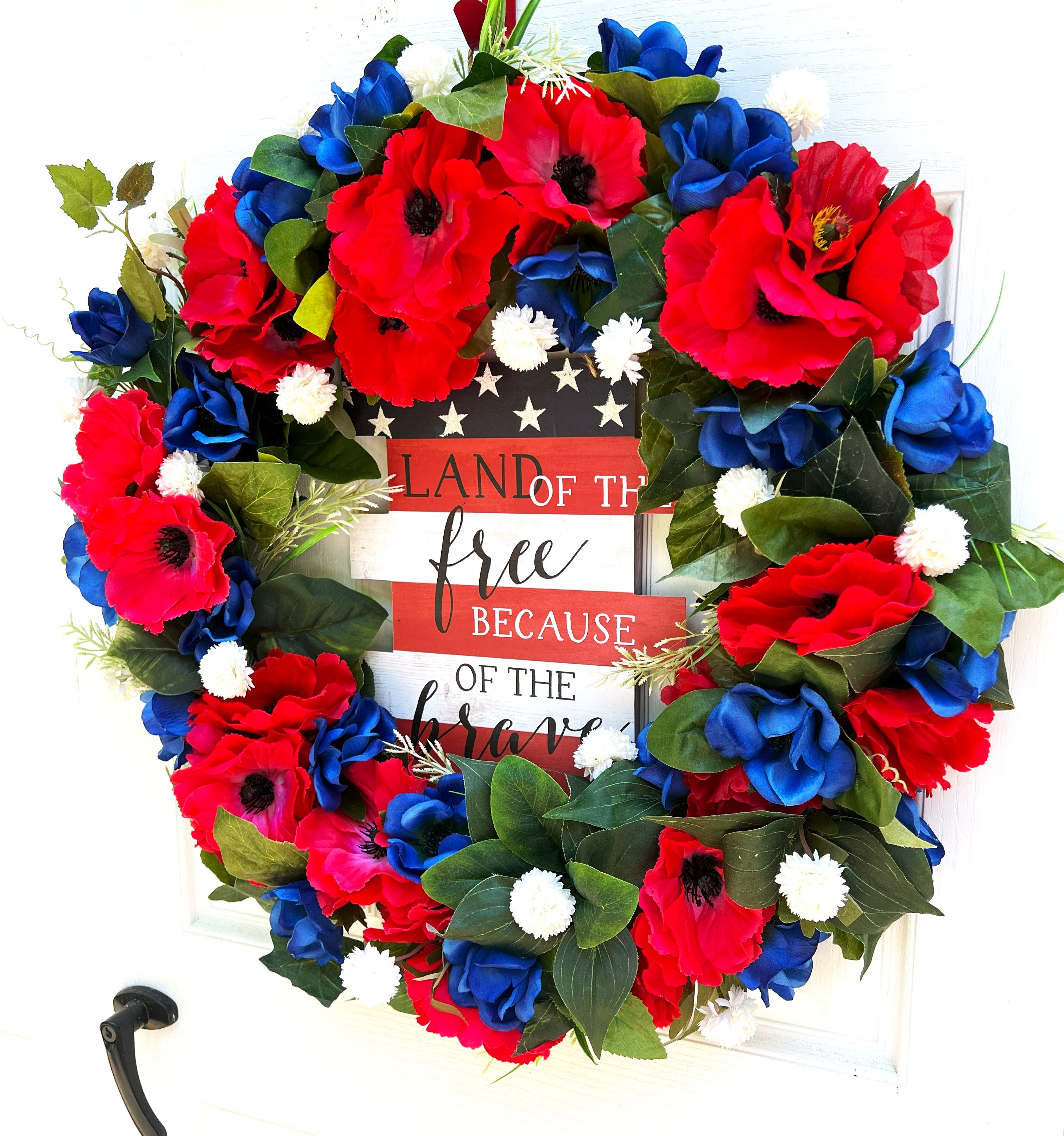 Red Poppy Anemone Wreath 28" Patriotic Wreath, "Land of the Free Because of the Brave"