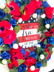Red Poppy Anemone Wreath 28" Patriotic Wreath, "Land of the Free Because of the Brave"