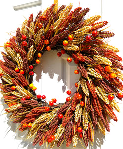 Faux Heather Sprigs/Pomegranates Fall Harvest Wreath 30 Inches Diameter
