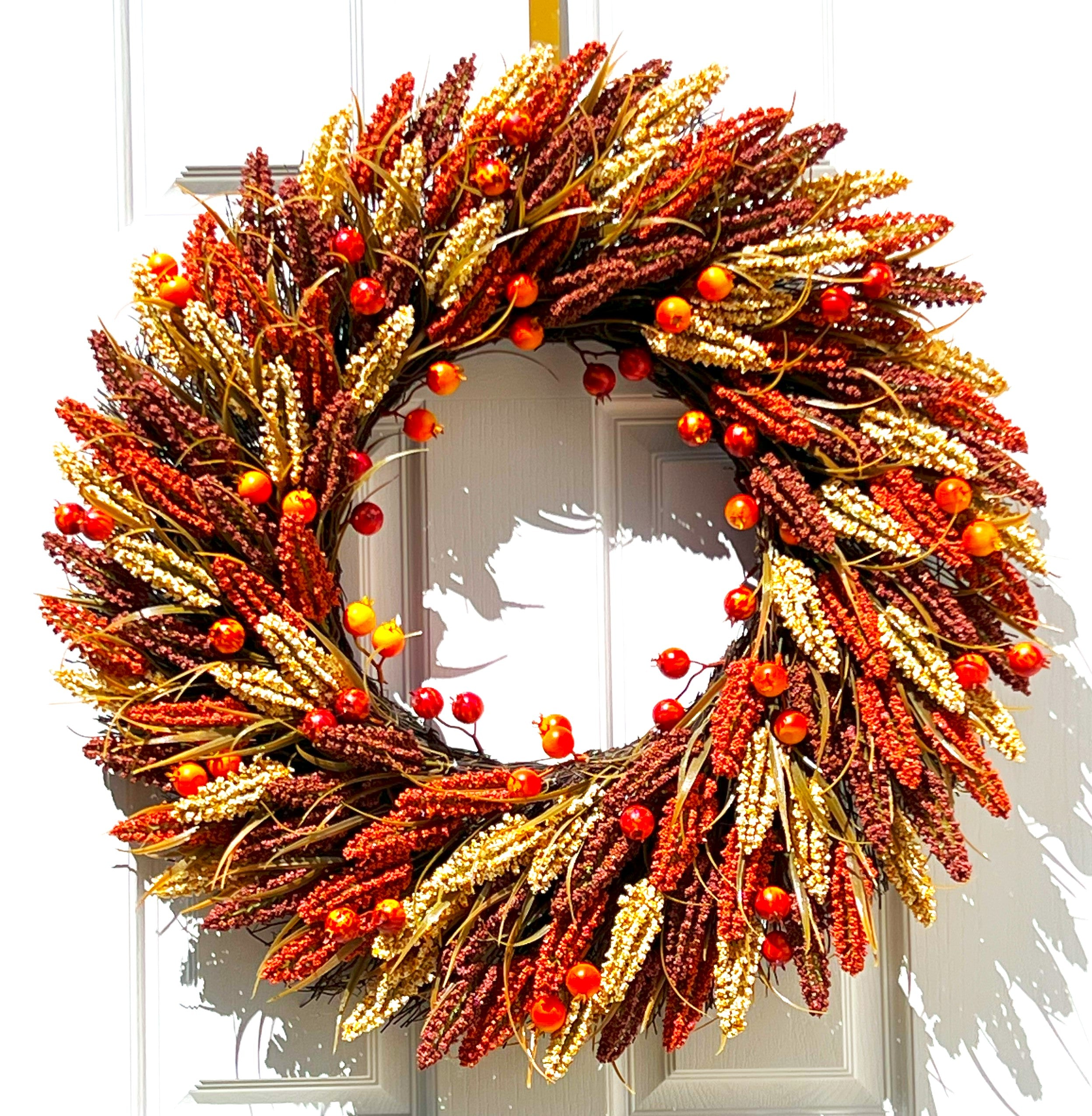 Faux Heather Sprigs/Pomegranates Fall Harvest Wreath 30 Inches Diameter
