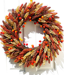 Faux Heather Sprigs/Pomegranates Fall Harvest Wreath 30 Inches Diameter