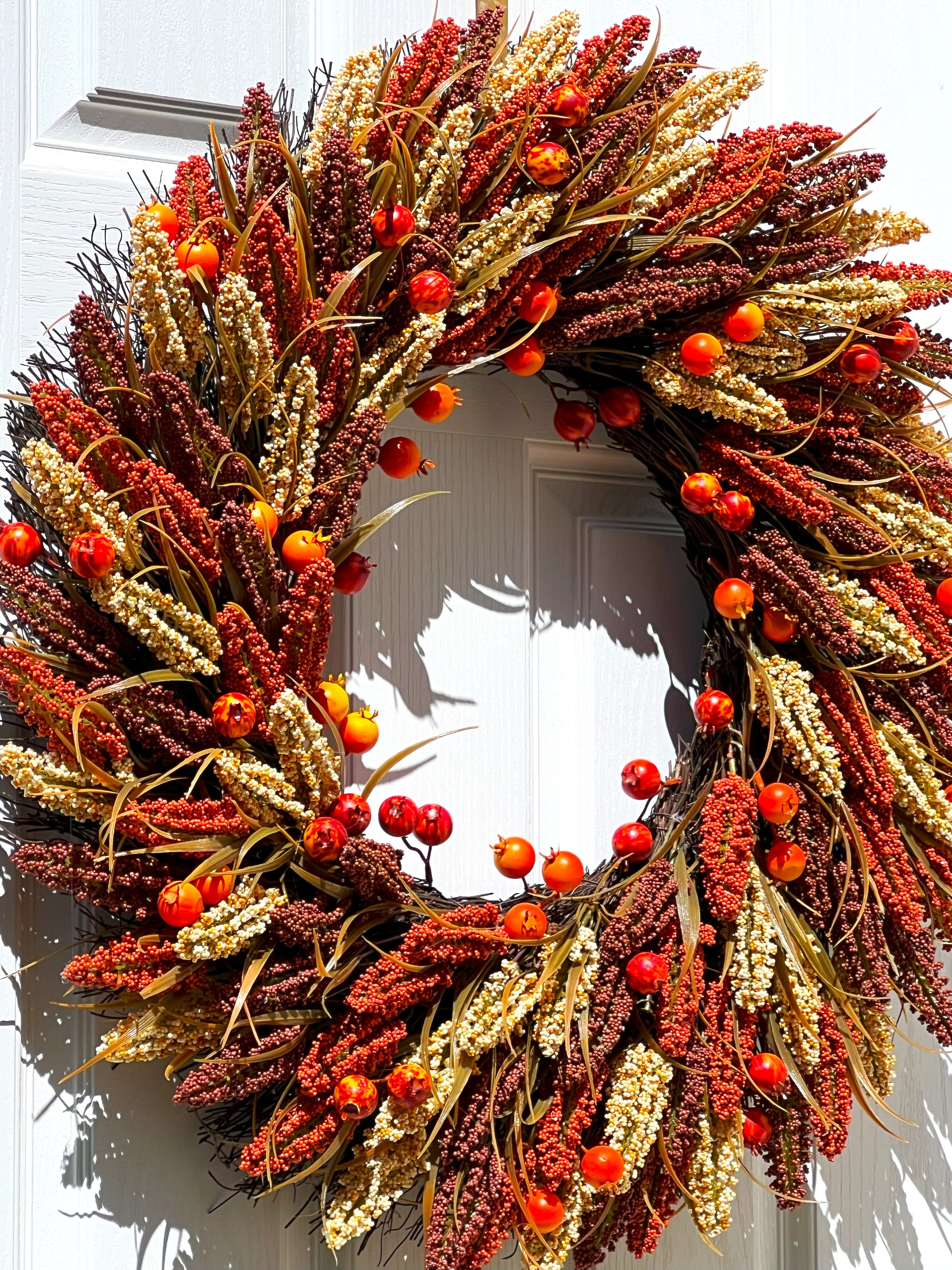 Faux Heather Sprigs/Pomegranates Fall Harvest Wreath 30 Inches Diameter