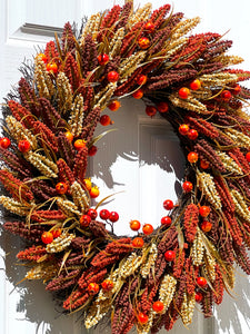 Faux Heather Sprigs/Pomegranates Fall Harvest Wreath 30 Inches Diameter