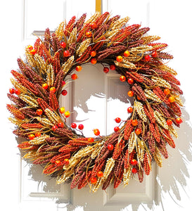 Faux Heather Sprigs/Pomegranates Fall Harvest Wreath 30 Inches Diameter