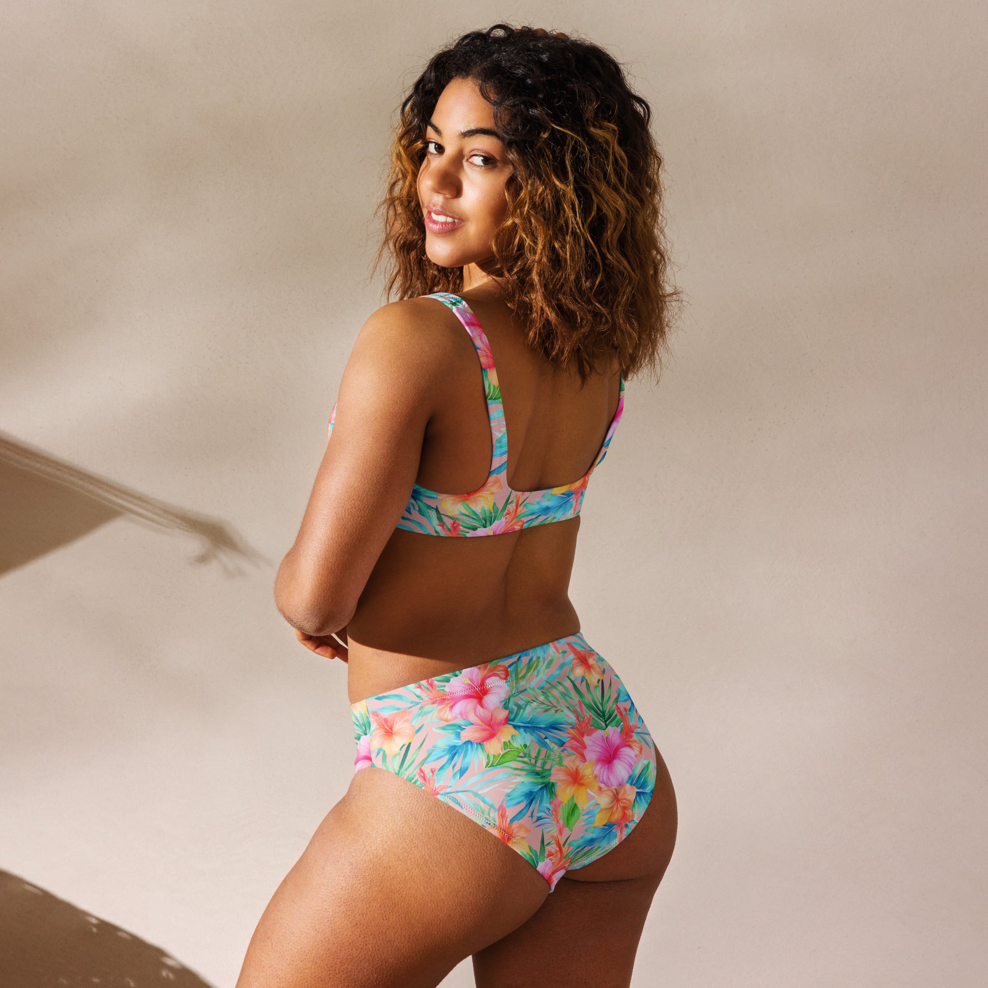 Recycled high-waisted bikini. travel bathing suit