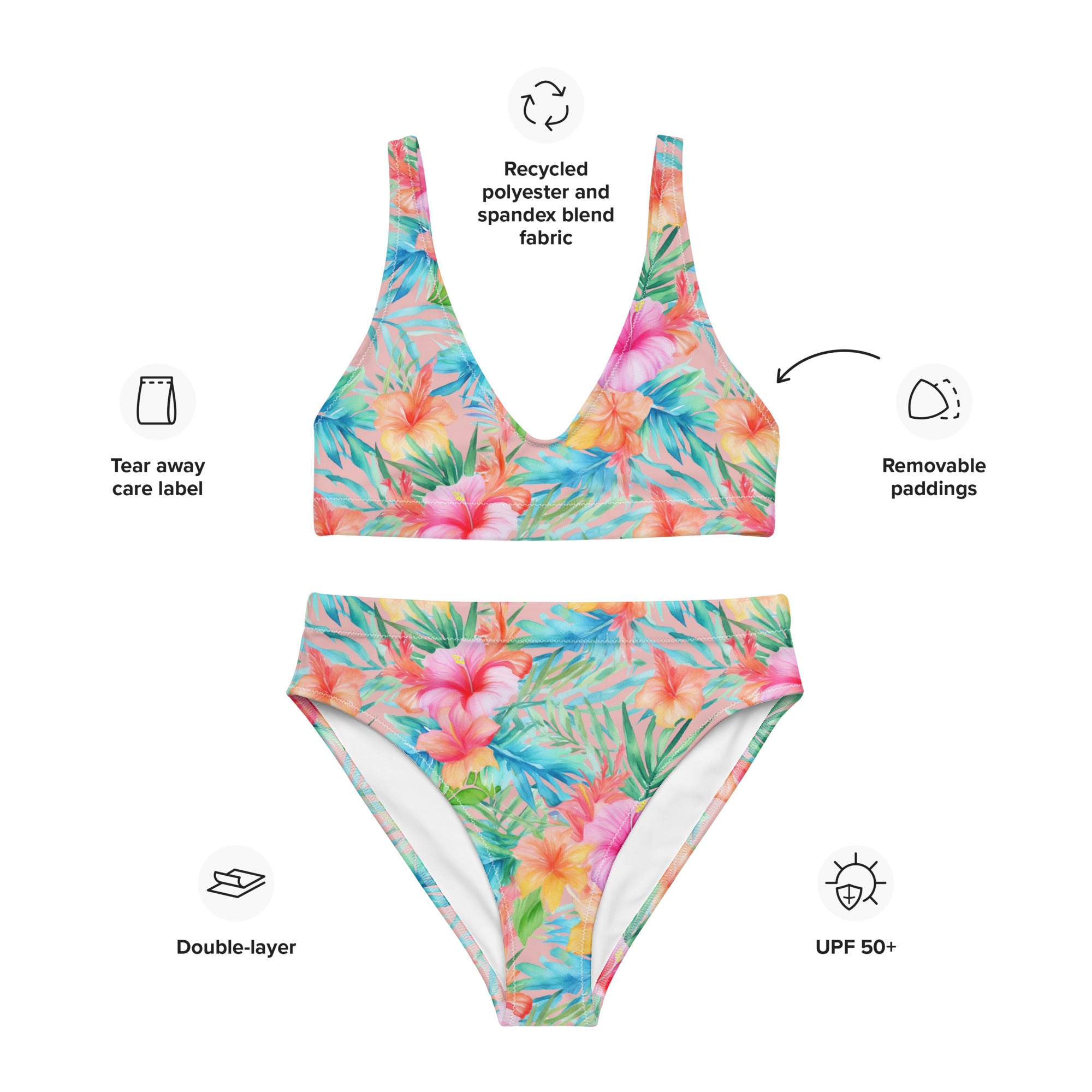 Recycled high-waisted bikini. travel bathing suit