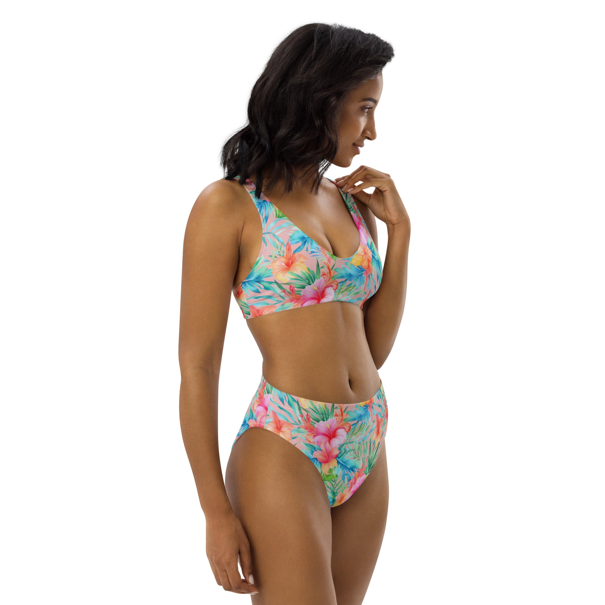 Recycled high-waisted bikini. travel bathing suit
