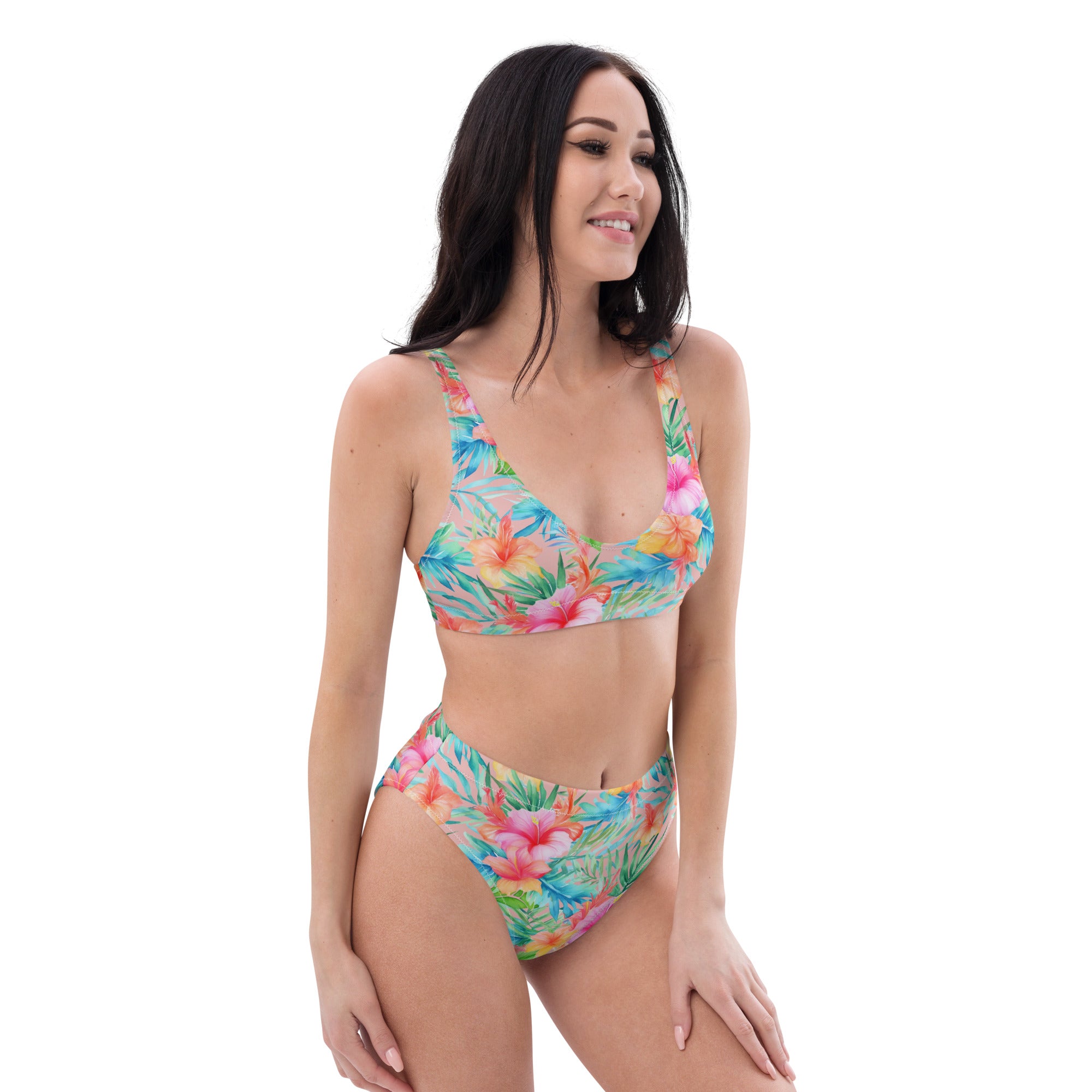 Recycled high-waisted bikini. travel bathing suit