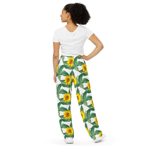 All-over print unisex wide-leg pants, sunflower pajamas, outdoor pants