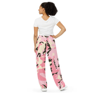 All-over print unisex wide-leg pants, Pink Military Pants, Fun, Relaxing, Gym