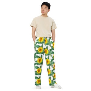 All-over print unisex wide-leg pants, sunflower pajamas, outdoor pants