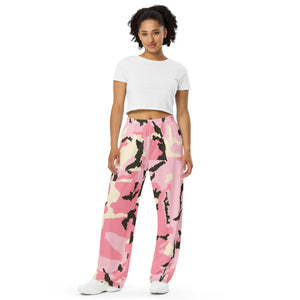 All-over print unisex wide-leg pants, Pink Military Pants, Fun, Relaxing, Gym
