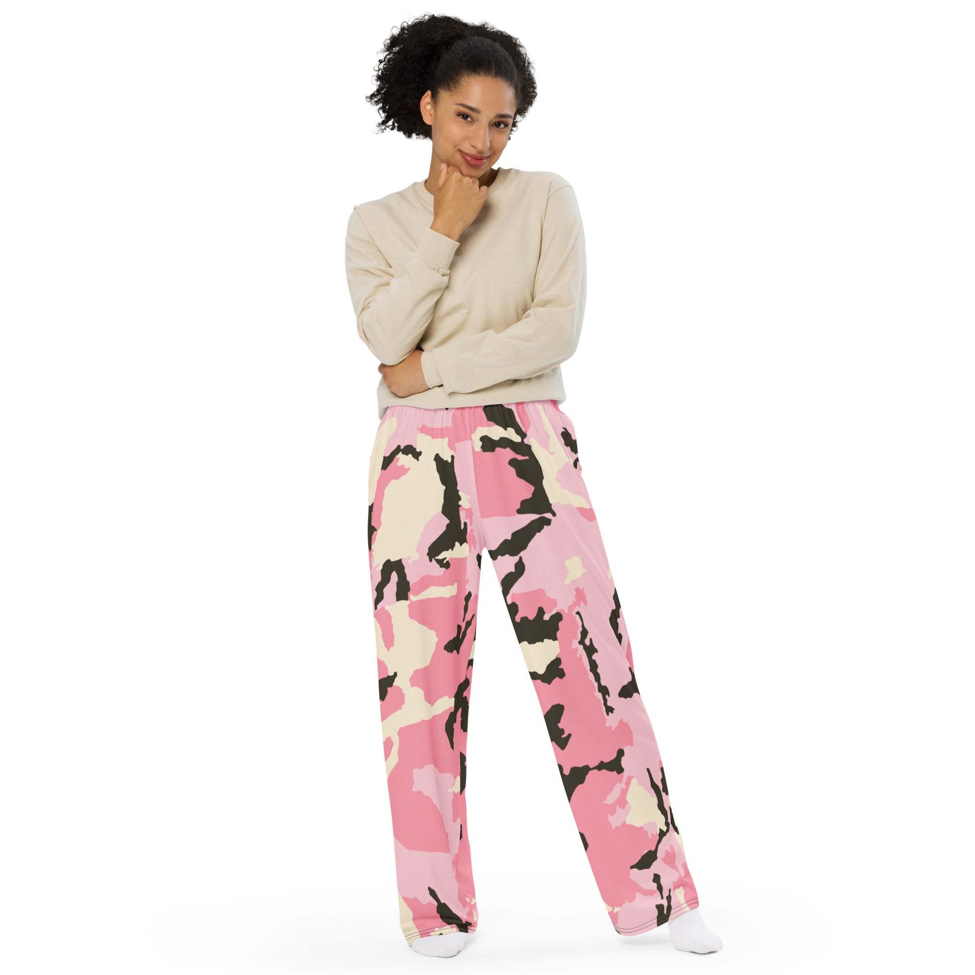 All-over print unisex wide-leg pants, Pink Military Pants, Fun, Relaxing, Gym