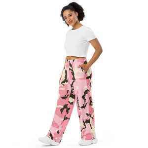 All-over print unisex wide-leg pants, Pink Military Pants, Fun, Relaxing, Gym