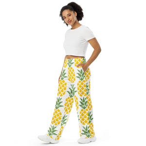 All-over print unisex wide-leg pants, Pineapple pants, Back to School