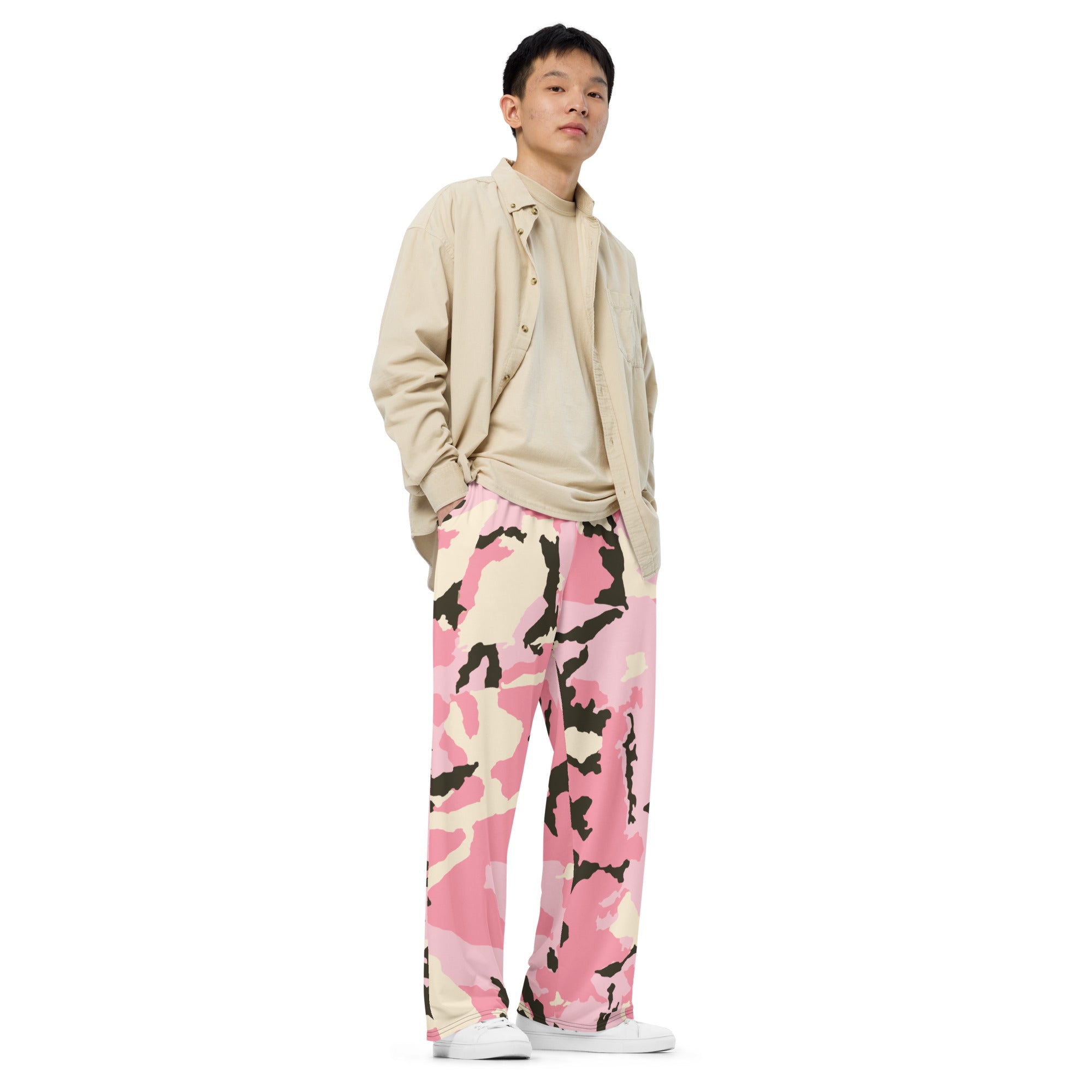 All-over print unisex wide-leg pants, Pink Military Pants, Fun, Relaxing, Gym