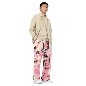 All-over print unisex wide-leg pants, Pink Military Pants, Fun, Relaxing, Gym