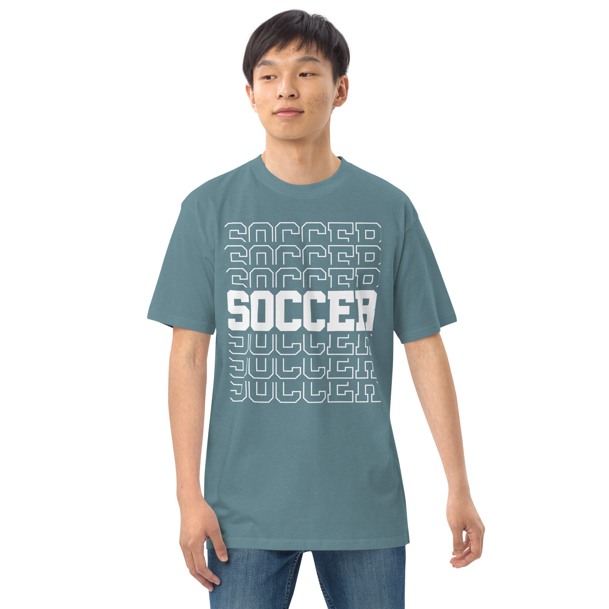 Men’s premium heavyweight tee, Soccer World T Shirt,