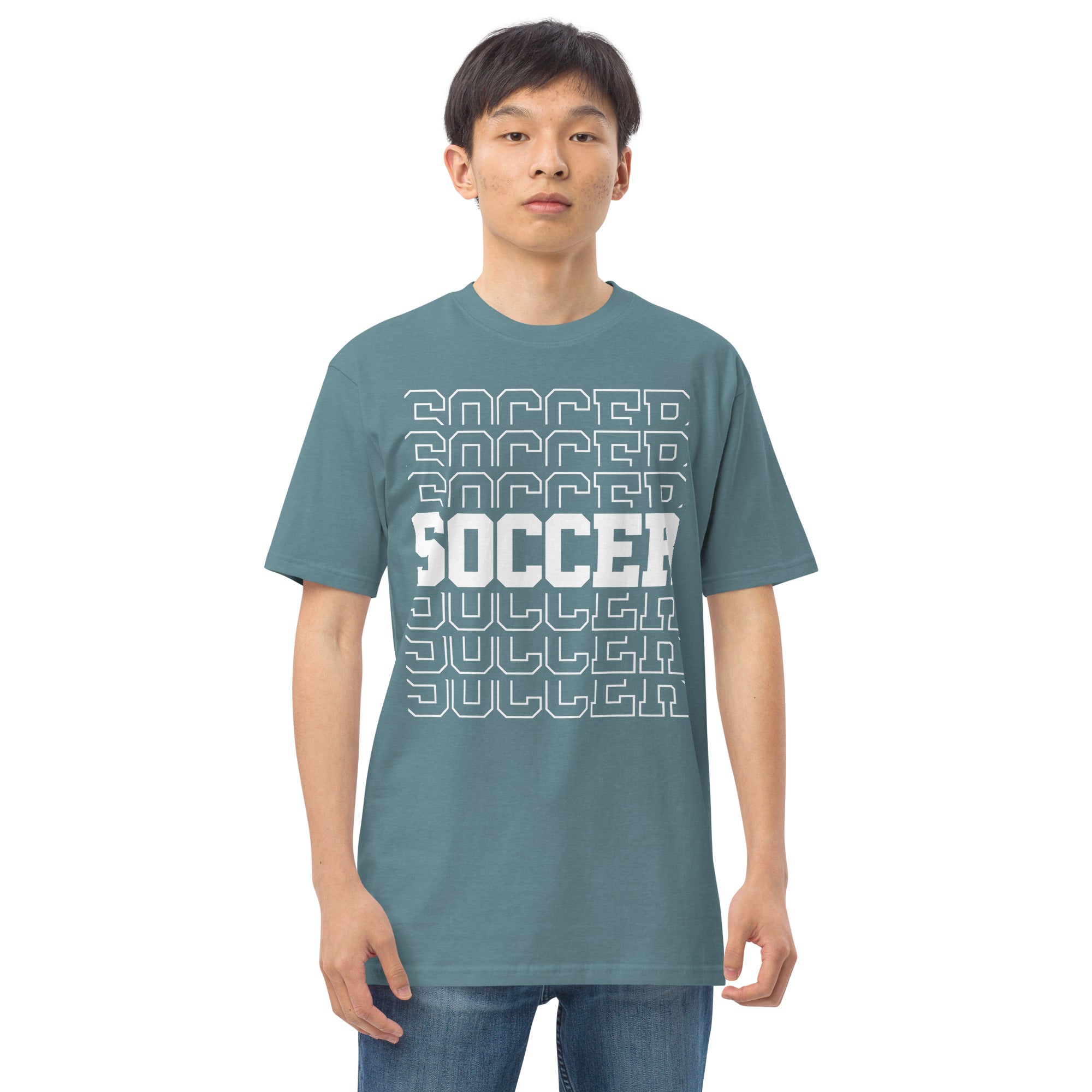 Men’s premium heavyweight tee, Soccer World T Shirt,