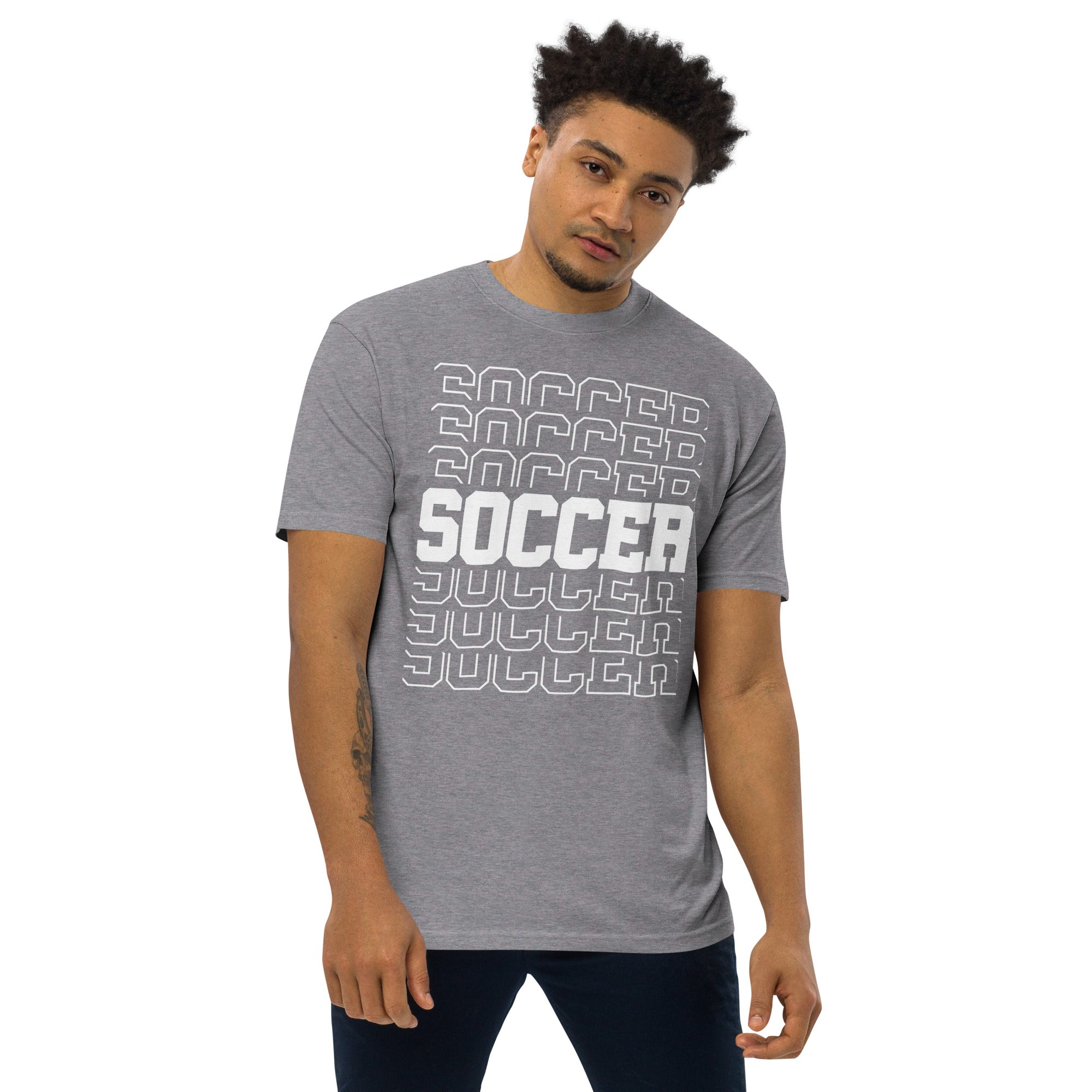 Men’s premium heavyweight tee, Soccer World T Shirt,