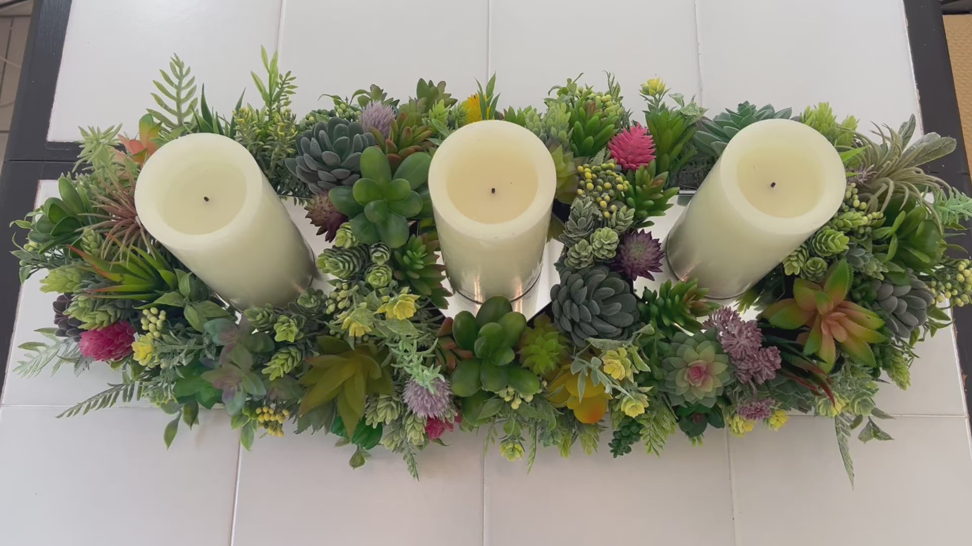 Succulent Glow- Tri-Candle Centerpiece- Home Decor 30" Long X 11" Wide