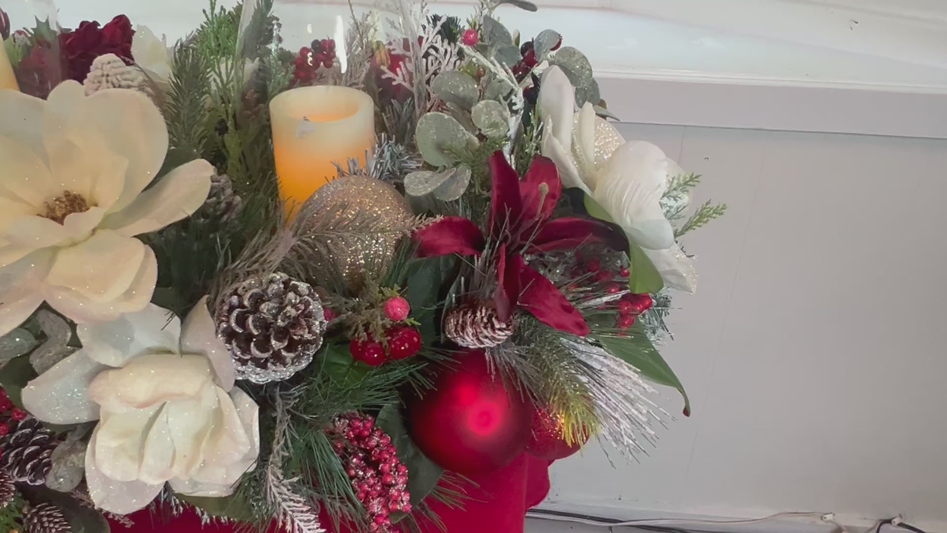Luxurious Christmas Magnolia Centerpiece -3-Tier- Hurricane Glass 11.5 H x 40" L x 20"W