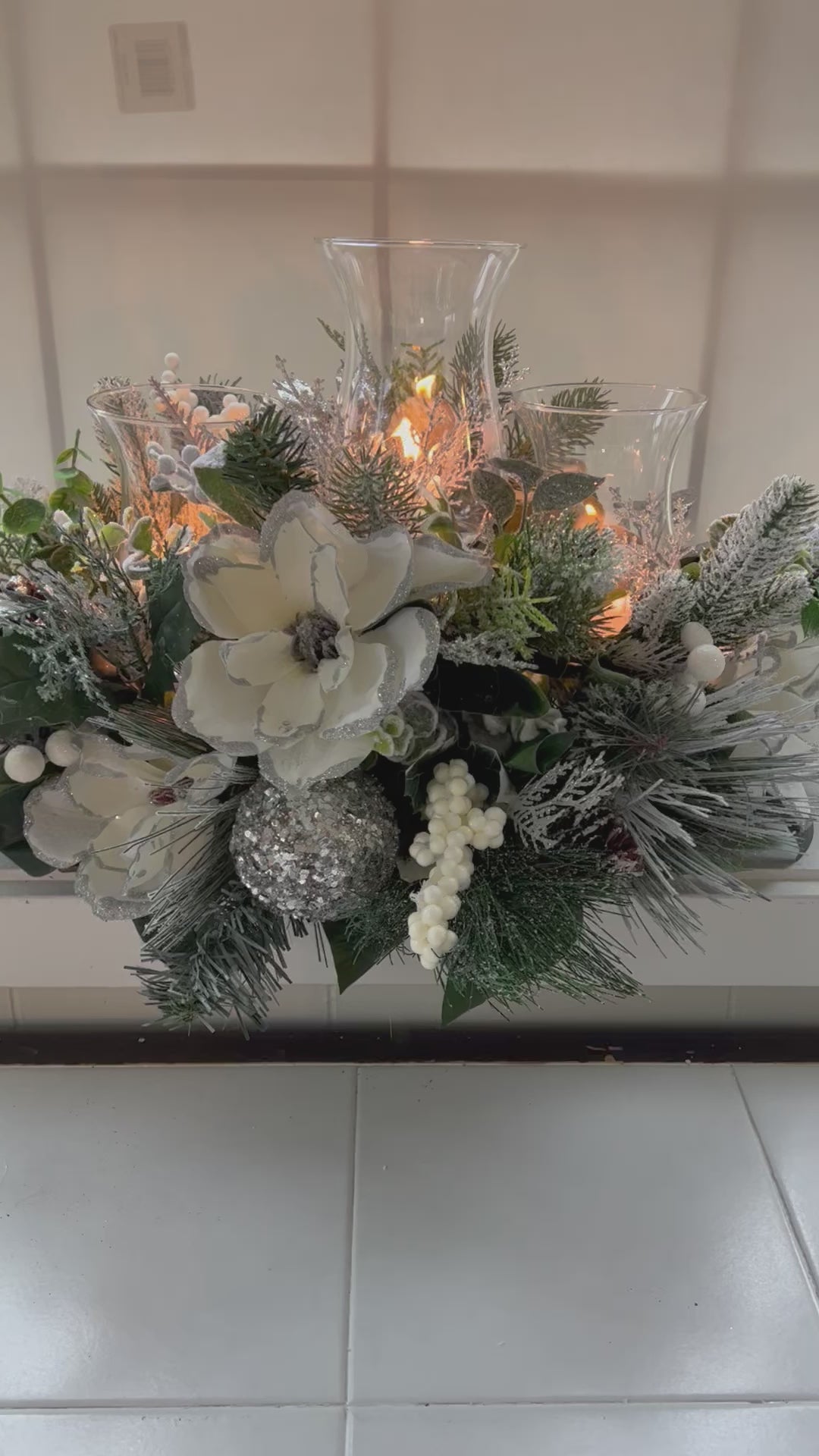 3 Tier-White Christmas Centerpiece- 24"L X18"W X 10"H With Hurricane Glass