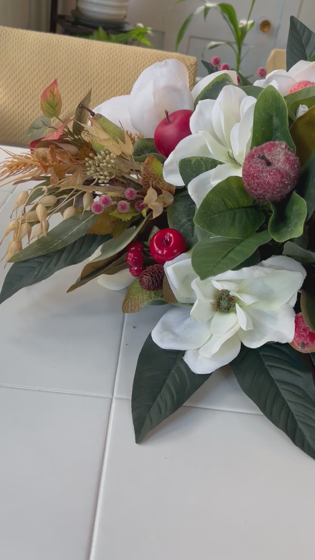Centerpiece-Luxury Magnolia Centerpiece With Hurricane Glass- All Season- 15 L X 14"W