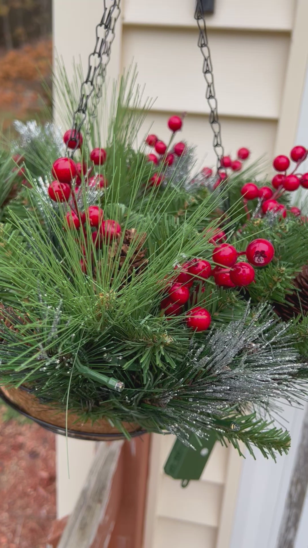 Christmas LED Lights -Berry-Pinecones Hanging Basket,20"W X10" H