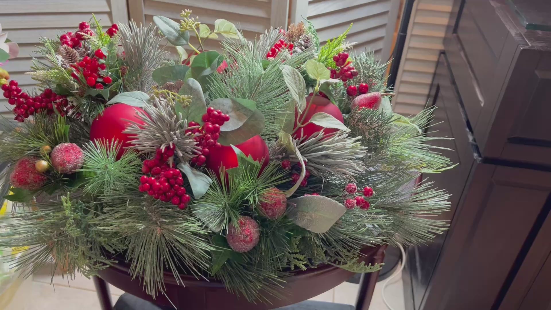 Red Berries, Glittered flocked peaches, Centerpiece 22" LX 19" W X 8"H