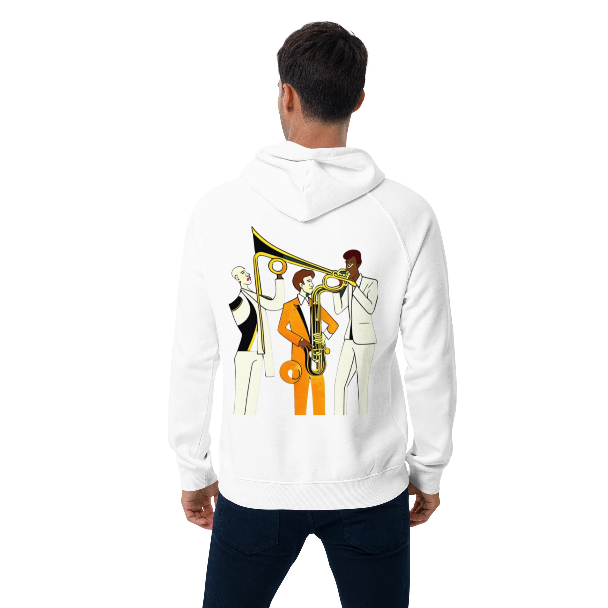 Unisex eco raglan hoodie, Music Time, Back to School. Winter, Hoodie, Back & Front Look