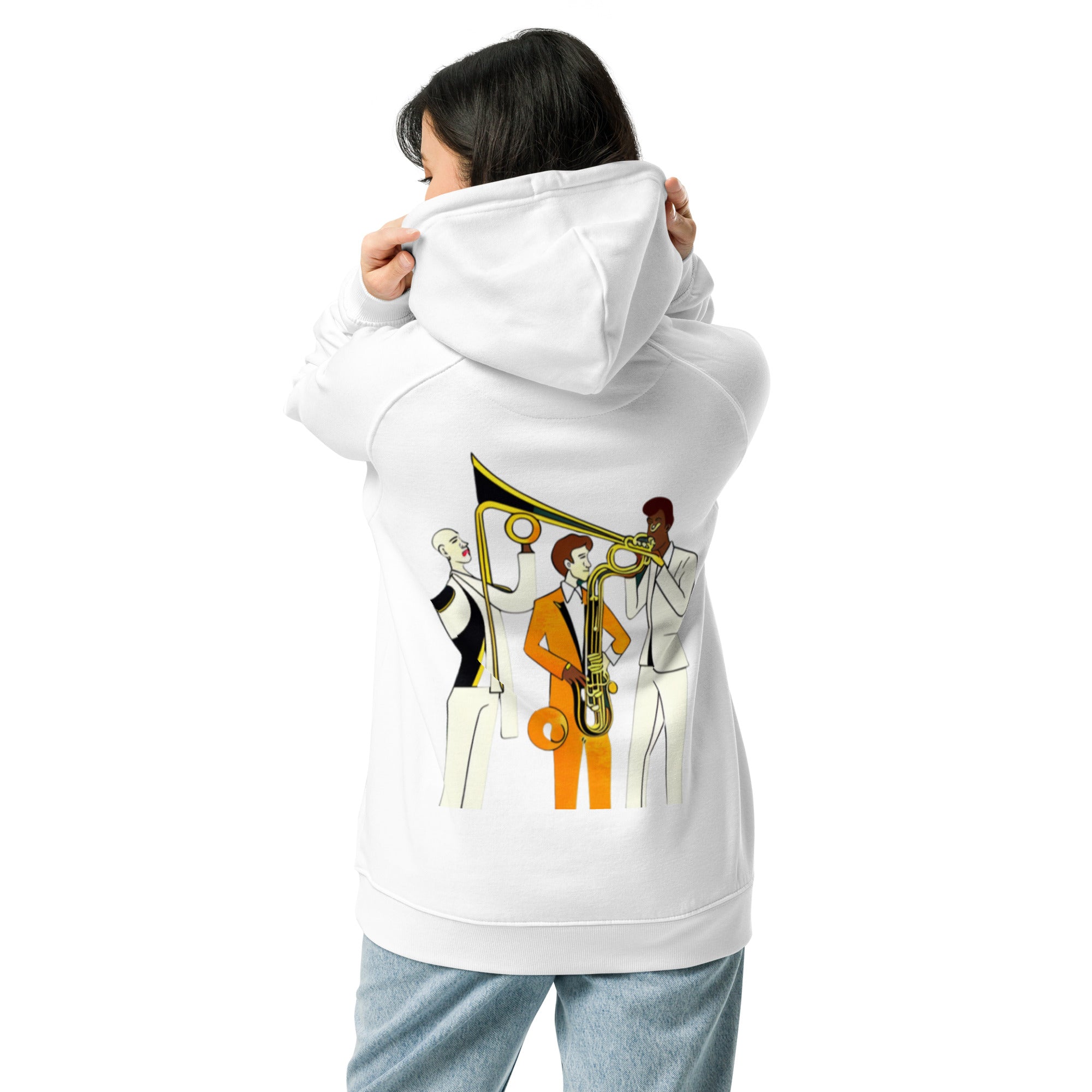 Unisex eco raglan hoodie, Music Time, Back to School. Winter, Hoodie, Back & Front Look