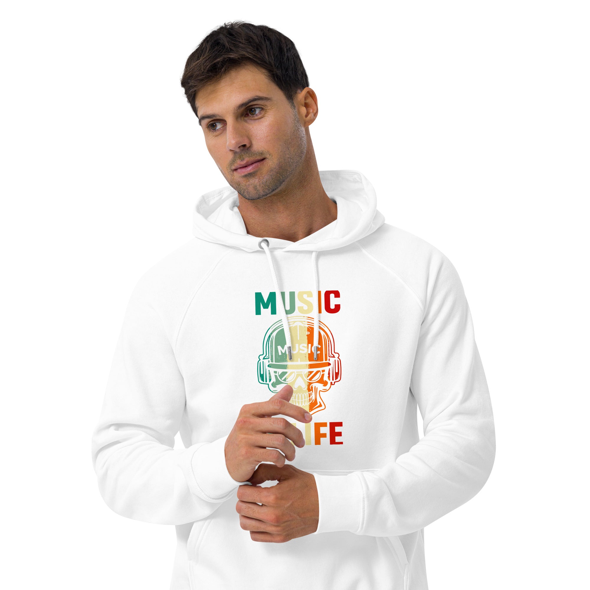 Unisex eco raglan hoodie, Music Time, Back to School. Winter, Hoodie, Back & Front Look