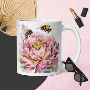 Coffee Cup, White glossy mug, Pink Flower Bee-Mug,  Tea, Gift for Her, Gift for him