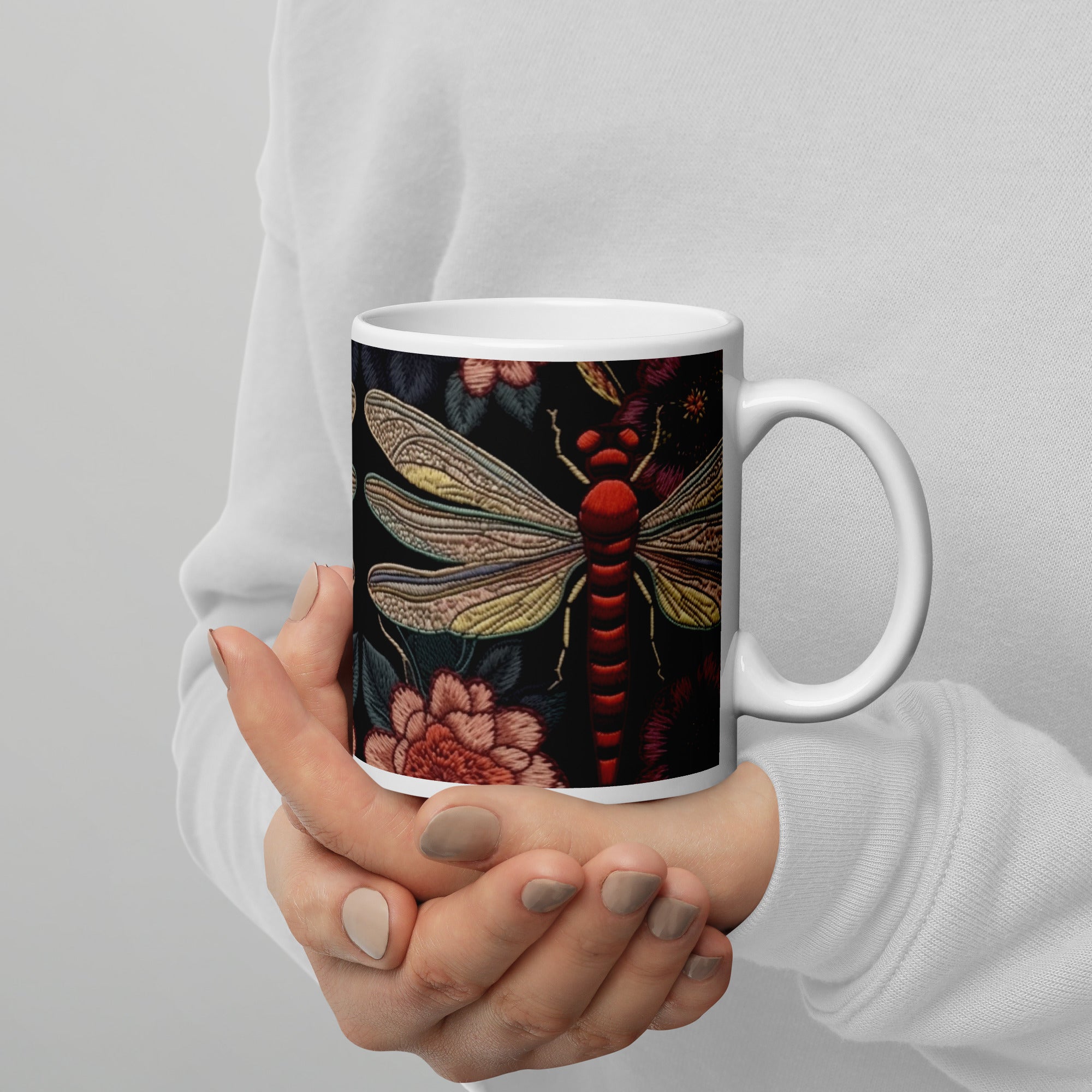 White glossy mug, butterfly Coffee Cup, Tea, Gift