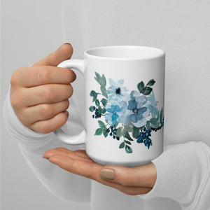 White glossy mug, Flower Mug, Coffee Cup, Tea, Gift for Her, Gift for Him
