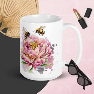 Coffee Cup, White glossy mug, Pink Flower Bee-Mug,  Tea, Gift