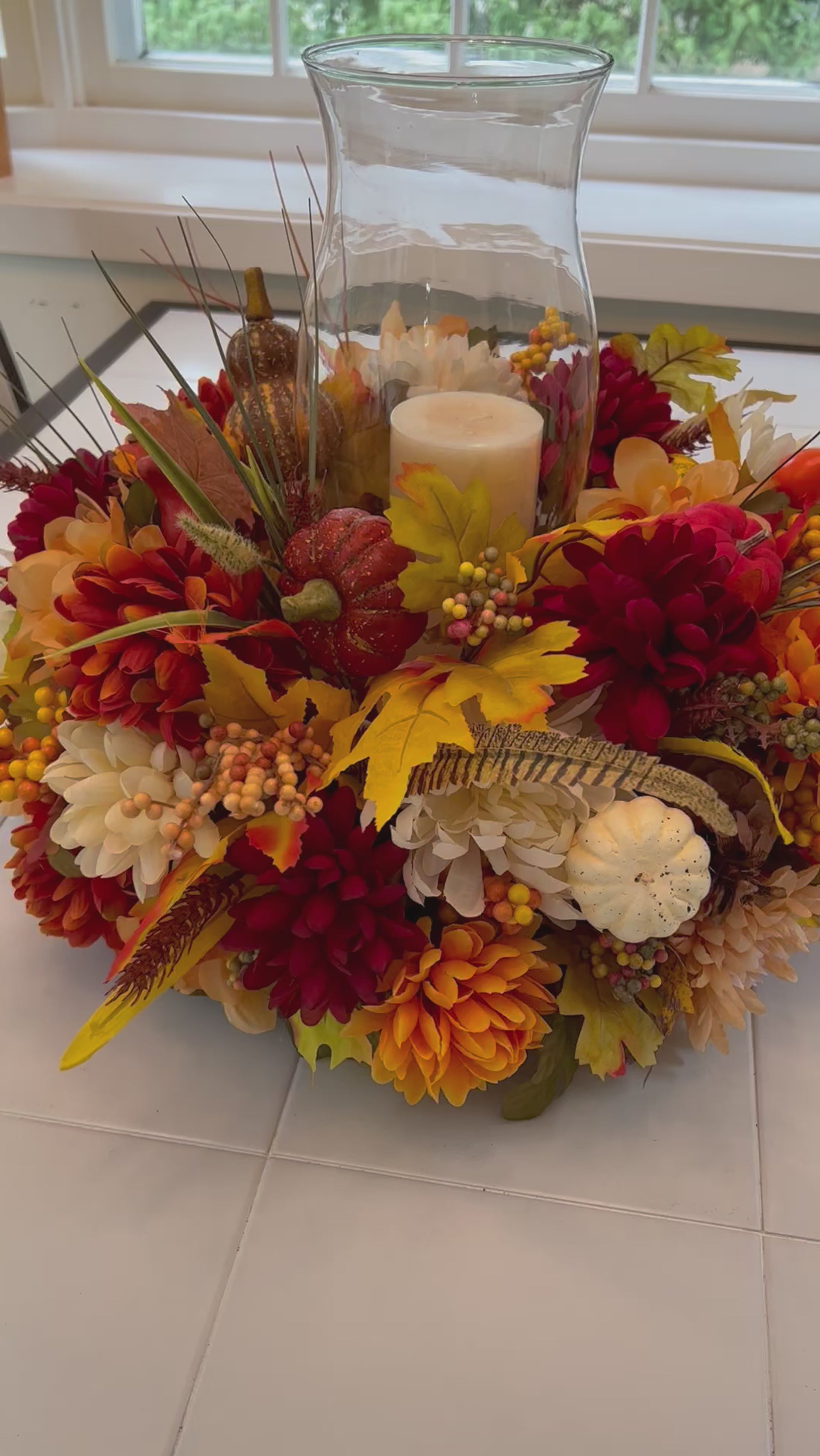 Centerpiece-Harvest Pumpkin Centerpiece 10H"x 15" Round x 11.5" Hurricane Vase