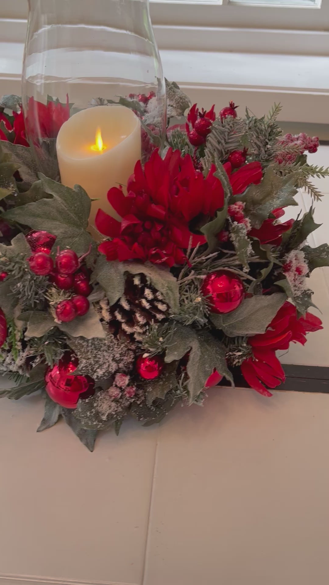 Christmas Centerpiece-Flocked Centerpiece with Hurricane Vase 20" diameter x 9' H