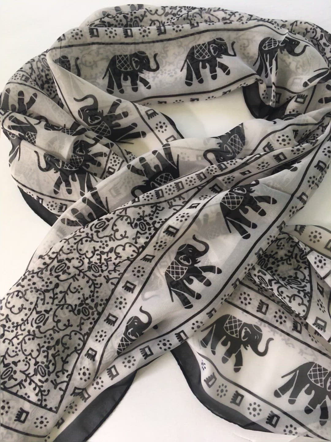 Black and Cream Elephant Scarf 60 x 18"