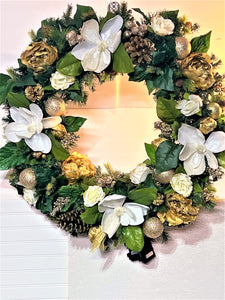 White/Gold Magnolia/Roses Wreath 30"