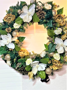 White/Gold Magnolia/Roses Wreath 30"