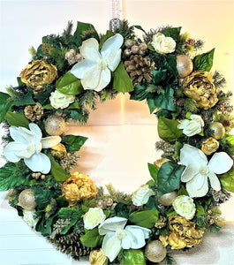 White/Gold Magnolia/Roses Wreath 30"