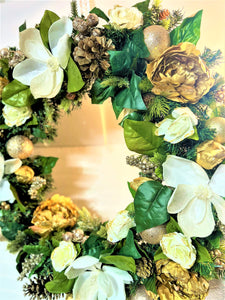 White/Gold Magnolia/Roses Wreath 30"