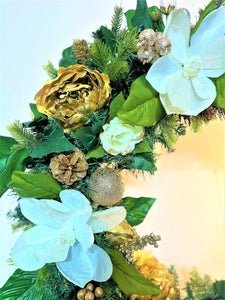 White/Gold Magnolia/Roses Wreath 30"