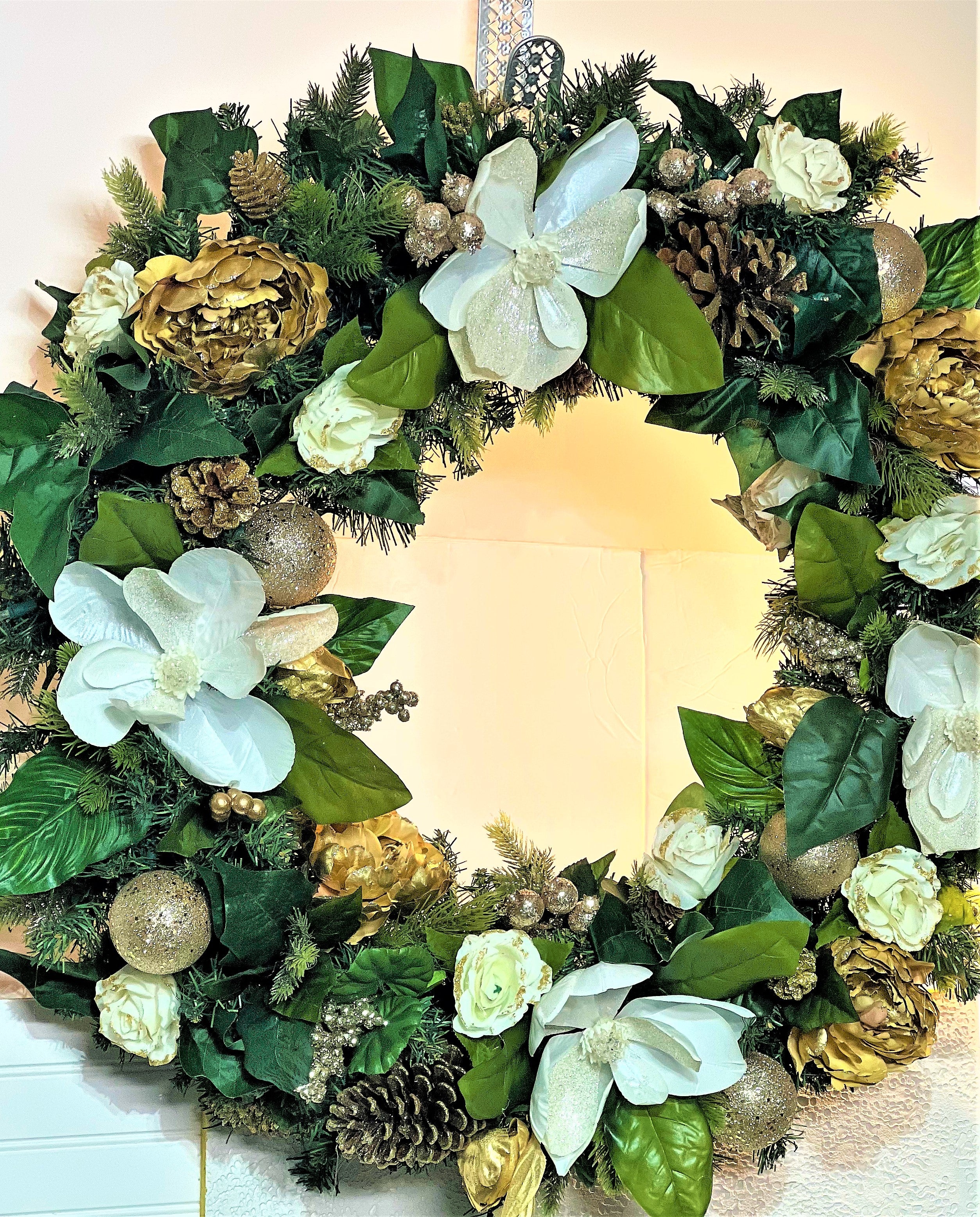 White/Gold Magnolia/Roses Wreath 30"