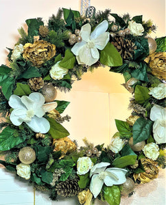 White/Gold Magnolia/Roses Wreath 30"